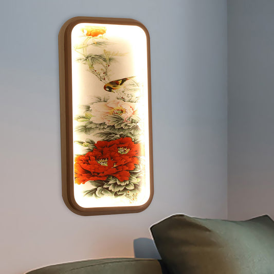 Rectangle Acrylic Peony Wall Mount Lamp Chinese Style LED Red Wall Mural Light Clearhalo 'Wall Lamps & Sconces' 'Wall Lights' Lighting' 1194523