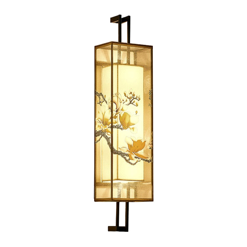 Oriental Style Cuboid Shaped Fabric Wall Light 2 Heads Wall Mural Light in Black with Lotus Leaf/Branch Pattern Clearhalo 'Wall Lamps & Sconces' 'Wall Lights' Lighting' 1194528