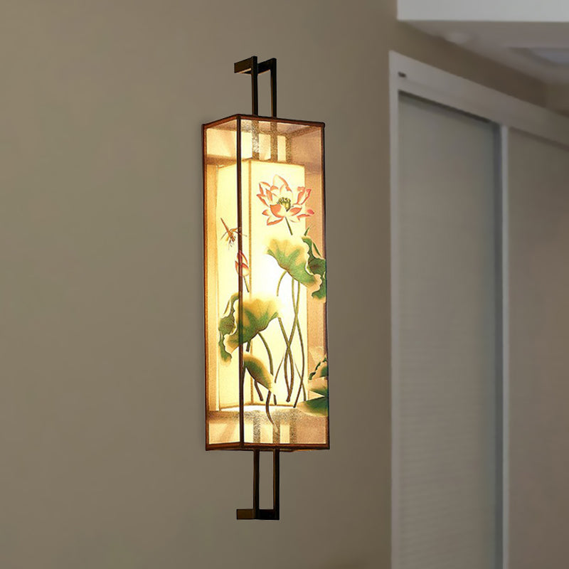 Oriental Style Cuboid Shaped Fabric Wall Light 2 Heads Wall Mural Light in Black with Lotus Leaf/Branch Pattern Clearhalo 'Wall Lamps & Sconces' 'Wall Lights' Lighting' 1194532