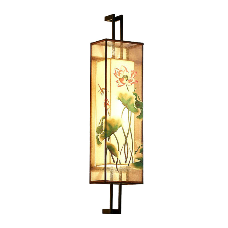 Oriental Style Cuboid Shaped Fabric Wall Light 2 Heads Wall Mural Light in Black with Lotus Leaf/Branch Pattern Clearhalo 'Wall Lamps & Sconces' 'Wall Lights' Lighting' 1194533