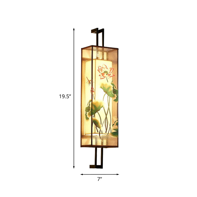 Oriental Style Cuboid Shaped Fabric Wall Light 2 Heads Wall Mural Light in Black with Lotus Leaf/Branch Pattern Clearhalo 'Wall Lamps & Sconces' 'Wall Lights' Lighting' 1194534