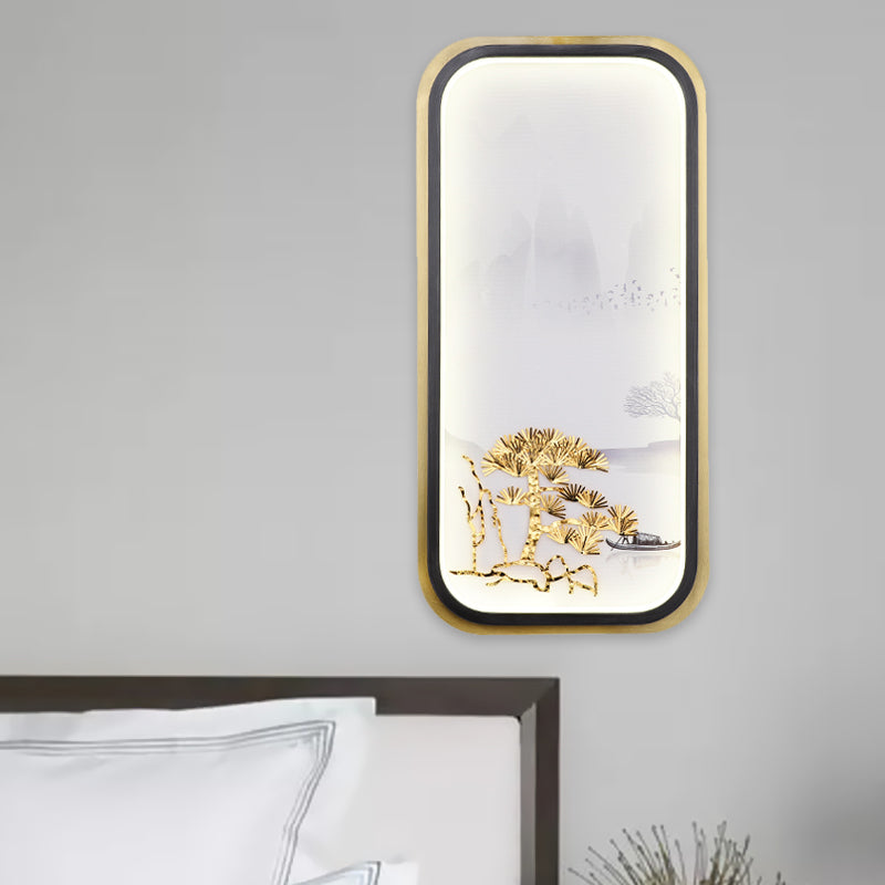 Round/Rectangle Pine Tree Wall Mural Light Chinese Style Metallic LED Guest Room Wall Lighting Idea Clearhalo 'Wall Lamps & Sconces' 'Wall Lights' Lighting' 1194545