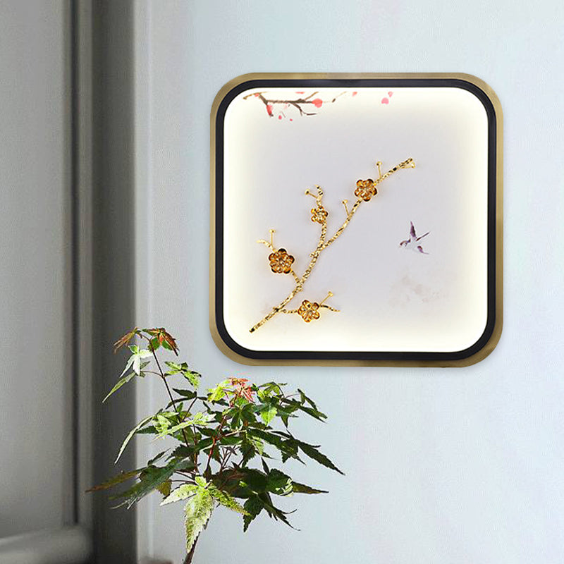 Metal Square/Rectangle Wall Lighting Fixture Asia LED Gold Wall Mural Lamp with Plum Blossom Pattern Clearhalo 'Wall Lamps & Sconces' 'Wall Lights' Lighting' 1194554