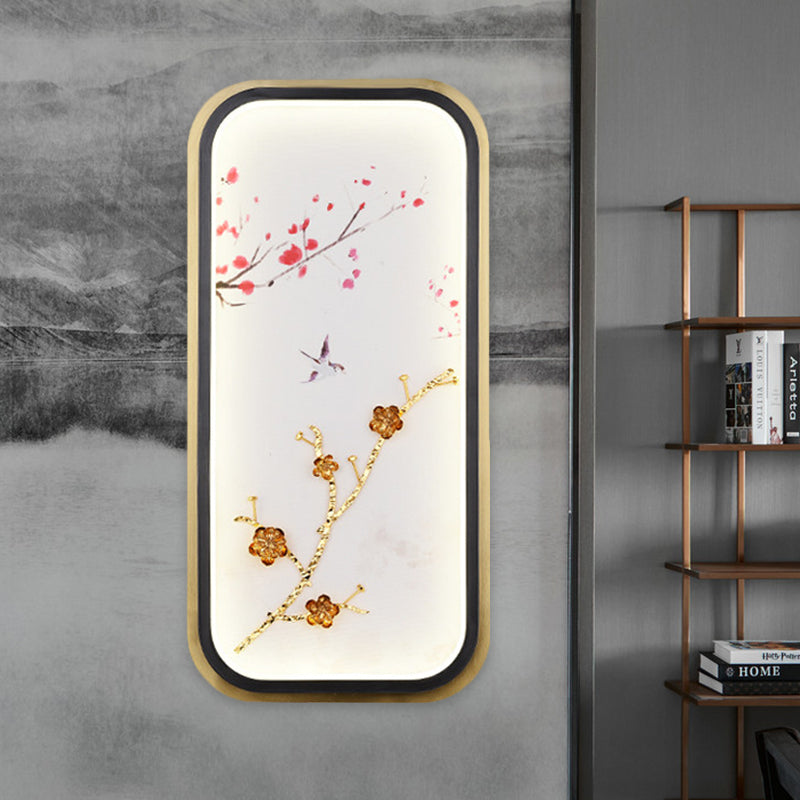 Metal Square/Rectangle Wall Lighting Fixture Asia LED Gold Wall Mural Lamp with Plum Blossom Pattern Clearhalo 'Wall Lamps & Sconces' 'Wall Lights' Lighting' 1194559