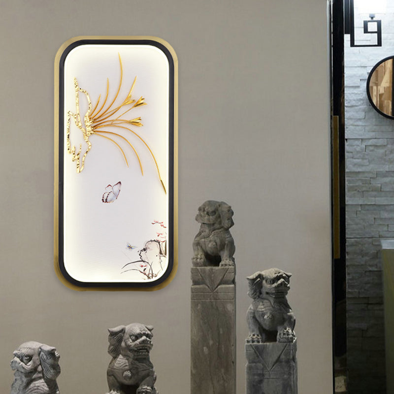 Gold Circular/Rectangle Shaped Mural Light Chinese Style LED Metallic Wall Mounted Lamp with Butterfly and Leaf Pattern Gold Rectangle Clearhalo 'Wall Lamps & Sconces' 'Wall Lights' Lighting' 1194562