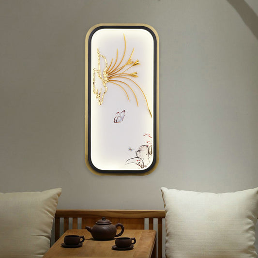 Gold Circular/Rectangle Shaped Mural Light Chinese Style LED Metallic Wall Mounted Lamp with Butterfly and Leaf Pattern Clearhalo 'Wall Lamps & Sconces' 'Wall Lights' Lighting' 1194563