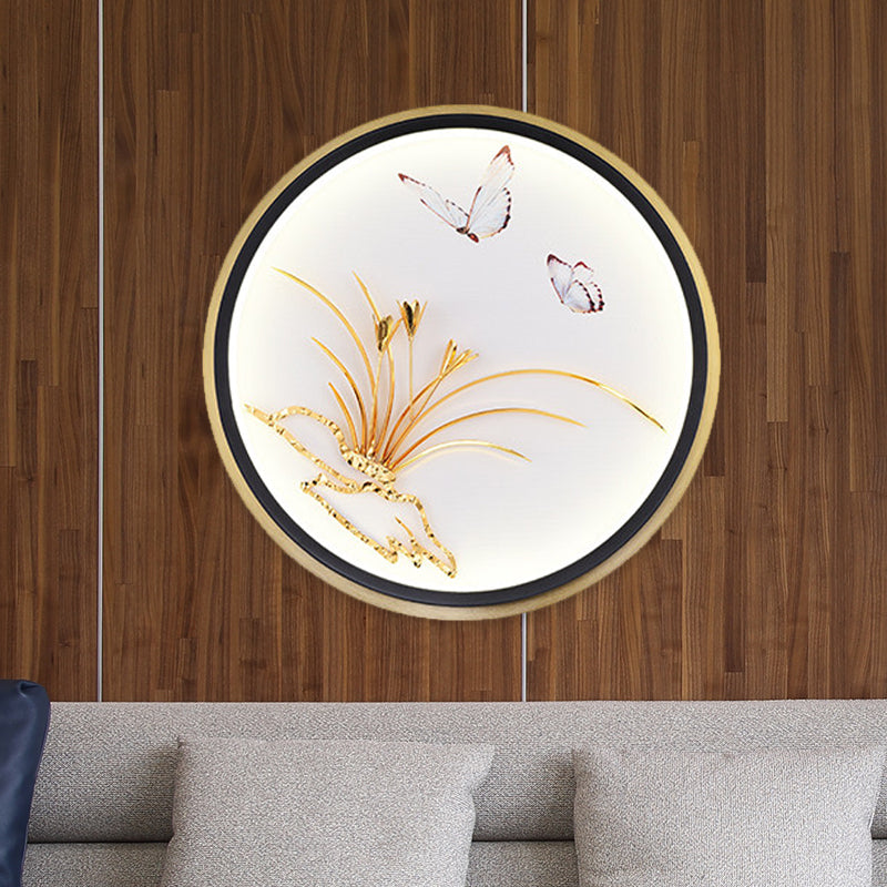 Gold Circular/Rectangle Shaped Mural Light Chinese Style LED Metallic Wall Mounted Lamp with Butterfly and Leaf Pattern Clearhalo 'Wall Lamps & Sconces' 'Wall Lights' Lighting' 1194568