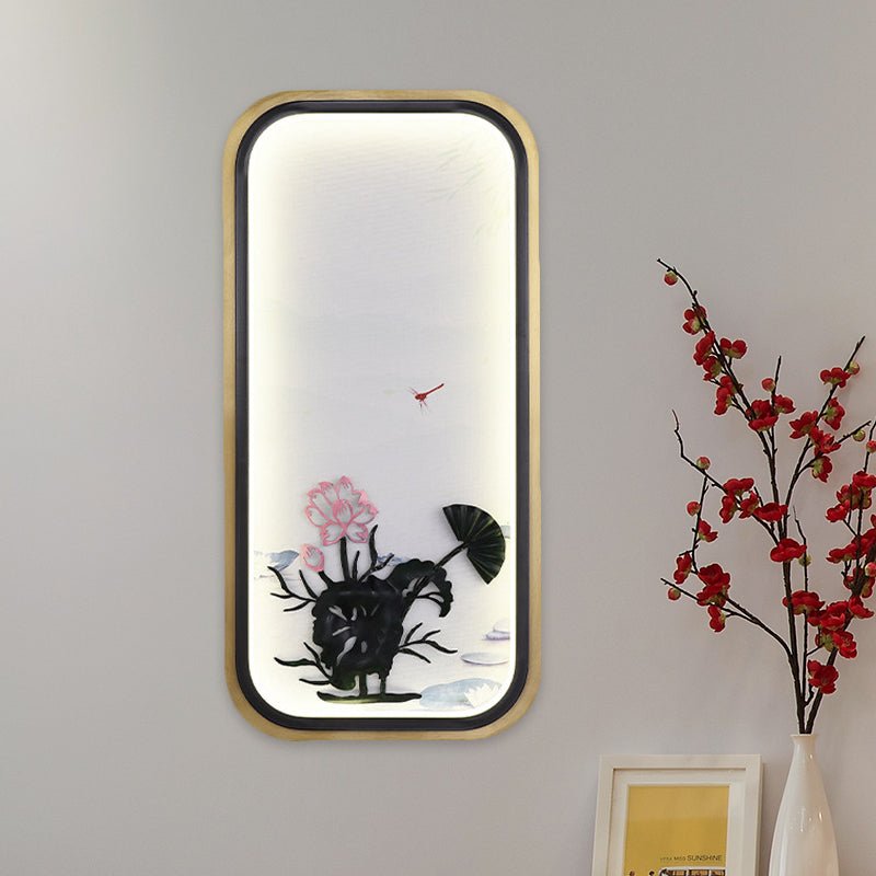 Chinese Square/Rectangle Metallic Mural Light LED Lotus Wall Mounted Lighting in Black and Gold Clearhalo 'Wall Lamps & Sconces' 'Wall Lights' Lighting' 1194577