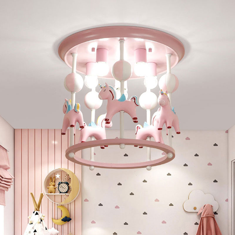 Cartoon Unicorn Flush Mount Light with Carrousel Design Resin 6 Bulbs Kid Room Flush Lamp in Blue/Pink Pink A Clearhalo 'Ceiling Lights' 'Close To Ceiling Lights' 'Close to ceiling' 'Flush mount' Lighting' 1194588