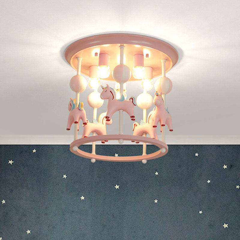 Cartoon Unicorn Flush Mount Light with Carrousel Design Resin 6 Bulbs Kid Room Flush Lamp in Blue/Pink Clearhalo 'Ceiling Lights' 'Close To Ceiling Lights' 'Close to ceiling' 'Flush mount' Lighting' 1194589