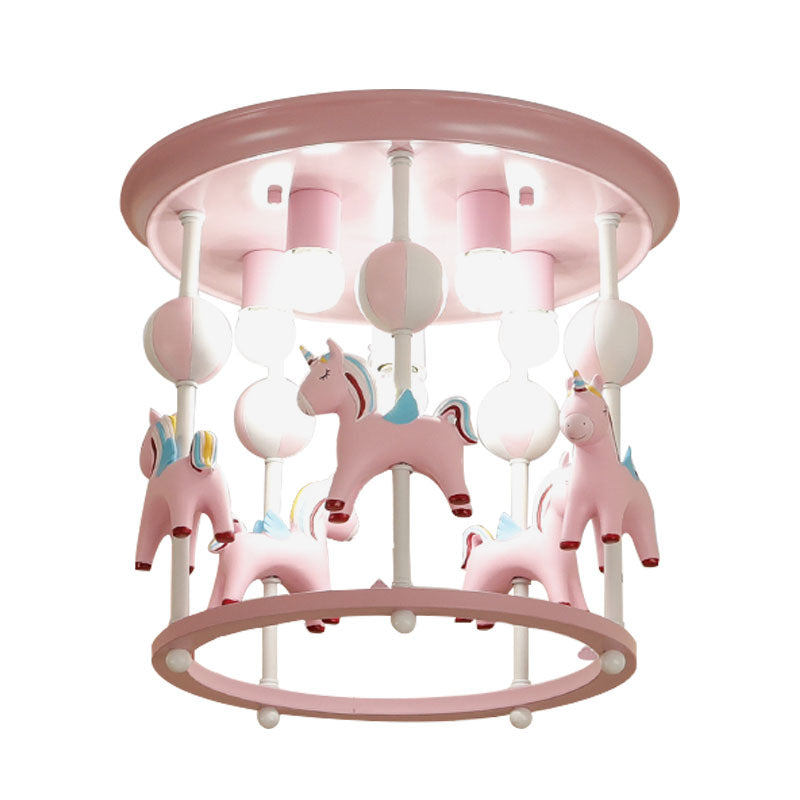 Cartoon Unicorn Flush Mount Light with Carrousel Design Resin 6 Bulbs Kid Room Flush Lamp in Blue/Pink Clearhalo 'Ceiling Lights' 'Close To Ceiling Lights' 'Close to ceiling' 'Flush mount' Lighting' 1194590