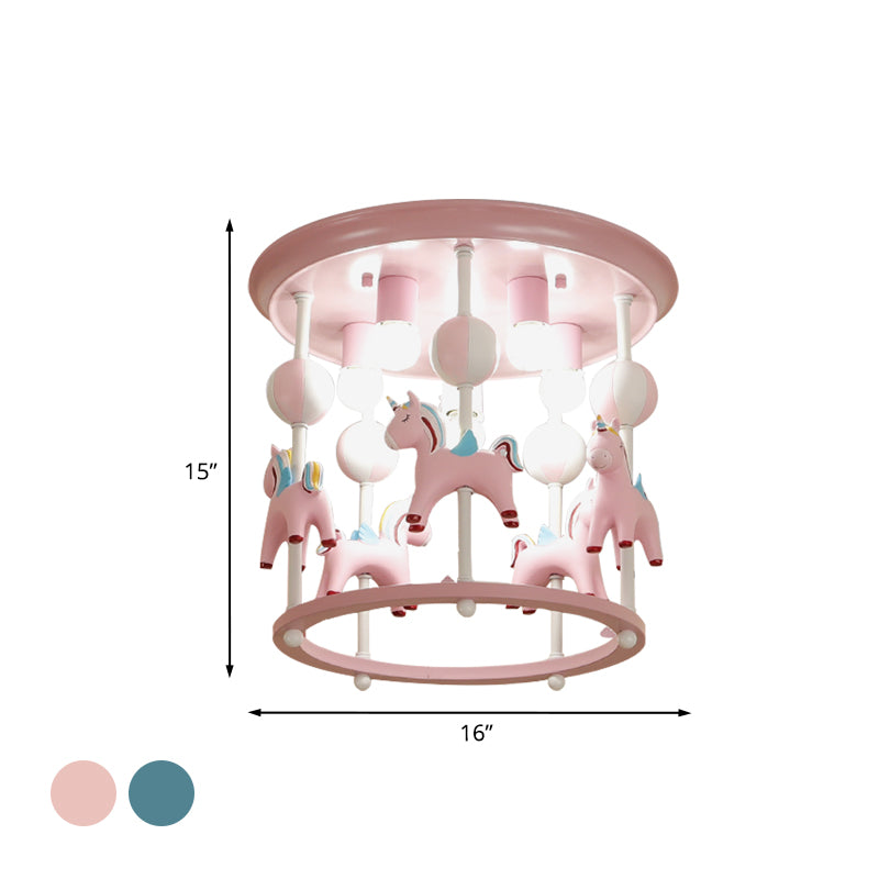 Cartoon Unicorn Flush Mount Light with Carrousel Design Resin 6 Bulbs Kid Room Flush Lamp in Blue/Pink Clearhalo 'Ceiling Lights' 'Close To Ceiling Lights' 'Close to ceiling' 'Flush mount' Lighting' 1194591