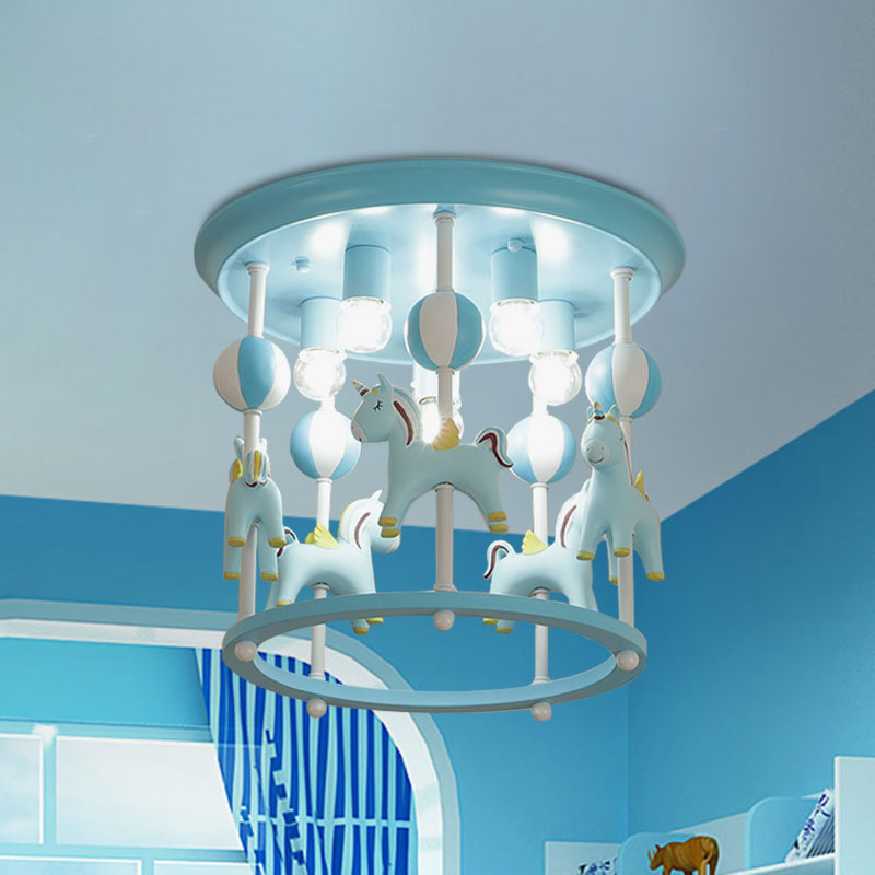 Cartoon Unicorn Flush Mount Light with Carrousel Design Resin 6 Bulbs Kid Room Flush Lamp in Blue/Pink Blue A Clearhalo 'Ceiling Lights' 'Close To Ceiling Lights' 'Close to ceiling' 'Flush mount' Lighting' 1194592