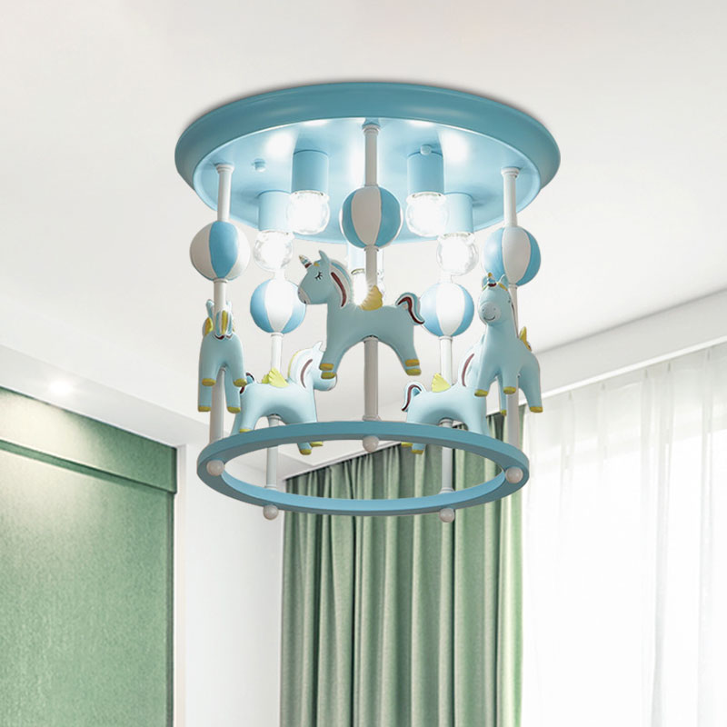 Cartoon Unicorn Flush Mount Light with Carrousel Design Resin 6 Bulbs Kid Room Flush Lamp in Blue/Pink Clearhalo 'Ceiling Lights' 'Close To Ceiling Lights' 'Close to ceiling' 'Flush mount' Lighting' 1194593