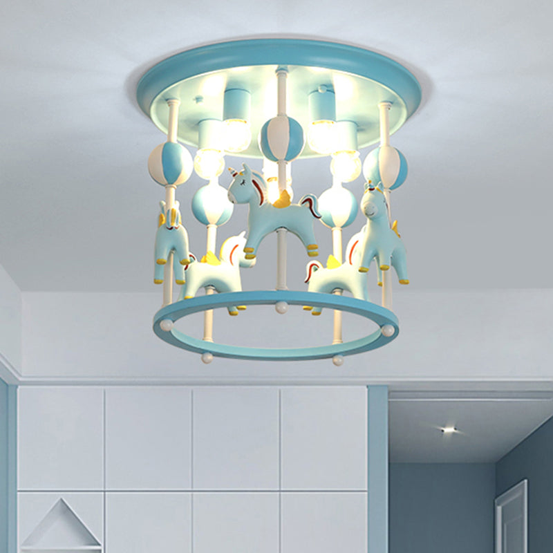 Cartoon Unicorn Flush Mount Light with Carrousel Design Resin 6 Bulbs Kid Room Flush Lamp in Blue/Pink Clearhalo 'Ceiling Lights' 'Close To Ceiling Lights' 'Close to ceiling' 'Flush mount' Lighting' 1194594