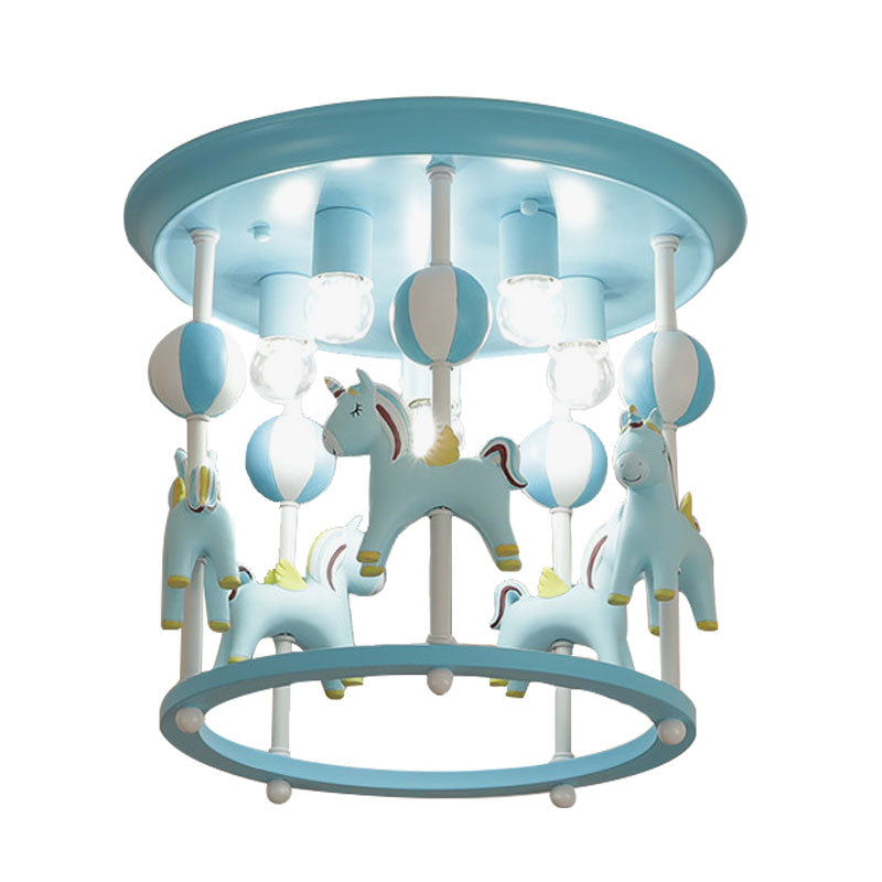 Cartoon Unicorn Flush Mount Light with Carrousel Design Resin 6 Bulbs Kid Room Flush Lamp in Blue/Pink Clearhalo 'Ceiling Lights' 'Close To Ceiling Lights' 'Close to ceiling' 'Flush mount' Lighting' 1194595