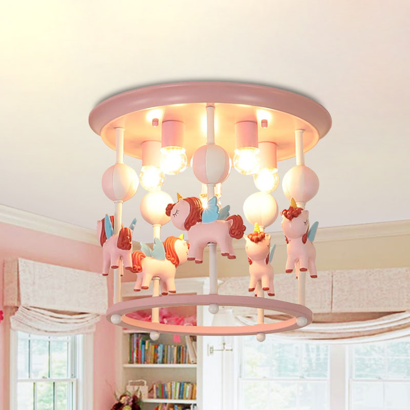 Cartoon Unicorn Flush Mount Light with Carrousel Design Resin 6 Bulbs Kid Room Flush Lamp in Blue/Pink Pink B Clearhalo 'Ceiling Lights' 'Close To Ceiling Lights' 'Close to ceiling' 'Flush mount' Lighting' 1194596