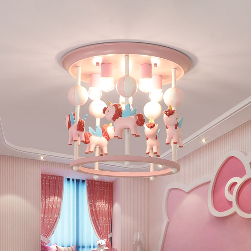 Cartoon Unicorn Flush Mount Light with Carrousel Design Resin 6 Bulbs Kid Room Flush Lamp in Blue/Pink Clearhalo 'Ceiling Lights' 'Close To Ceiling Lights' 'Close to ceiling' 'Flush mount' Lighting' 1194597