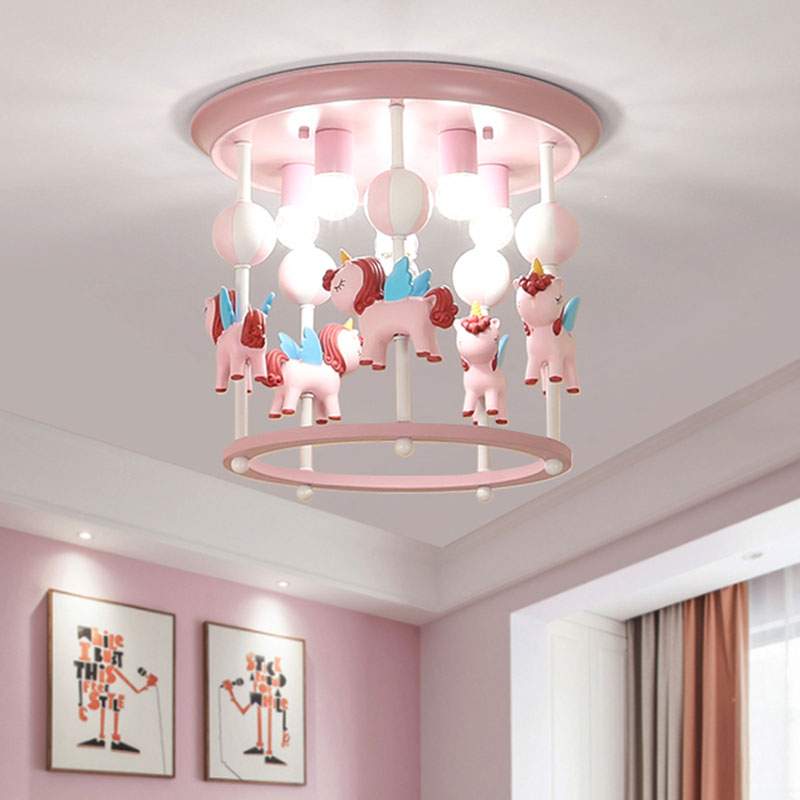 Cartoon Unicorn Flush Mount Light with Carrousel Design Resin 6 Bulbs Kid Room Flush Lamp in Blue/Pink Clearhalo 'Ceiling Lights' 'Close To Ceiling Lights' 'Close to ceiling' 'Flush mount' Lighting' 1194598