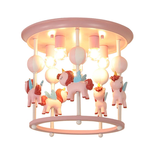 Cartoon Unicorn Flush Mount Light with Carrousel Design Resin 6 Bulbs Kid Room Flush Lamp in Blue/Pink Clearhalo 'Ceiling Lights' 'Close To Ceiling Lights' 'Close to ceiling' 'Flush mount' Lighting' 1194599