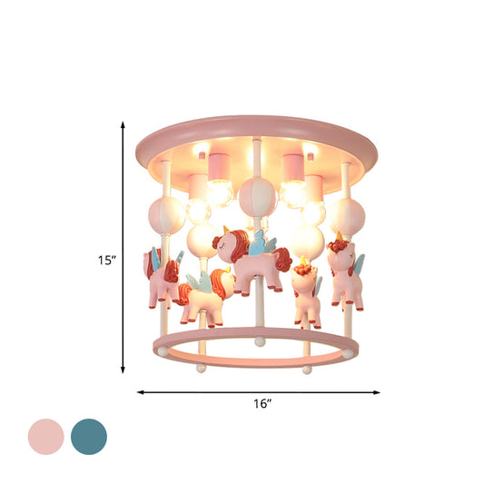 Cartoon Unicorn Flush Mount Light with Carrousel Design Resin 6 Bulbs Kid Room Flush Lamp in Blue/Pink Clearhalo 'Ceiling Lights' 'Close To Ceiling Lights' 'Close to ceiling' 'Flush mount' Lighting' 1194600