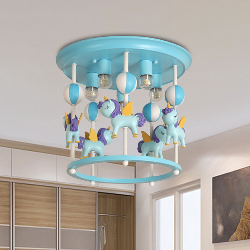 Cartoon Unicorn Flush Mount Light with Carrousel Design Resin 6 Bulbs Kid Room Flush Lamp in Blue/Pink Clearhalo 'Ceiling Lights' 'Close To Ceiling Lights' 'Close to ceiling' 'Flush mount' Lighting' 1194602