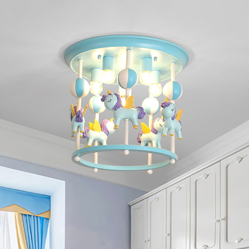 Cartoon Unicorn Flush Mount Light with Carrousel Design Resin 6 Bulbs Kid Room Flush Lamp in Blue/Pink Clearhalo 'Ceiling Lights' 'Close To Ceiling Lights' 'Close to ceiling' 'Flush mount' Lighting' 1194603