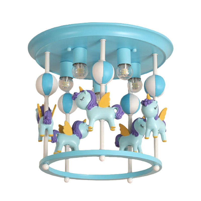 Cartoon Unicorn Flush Mount Light with Carrousel Design Resin 6 Bulbs Kid Room Flush Lamp in Blue/Pink Clearhalo 'Ceiling Lights' 'Close To Ceiling Lights' 'Close to ceiling' 'Flush mount' Lighting' 1194604