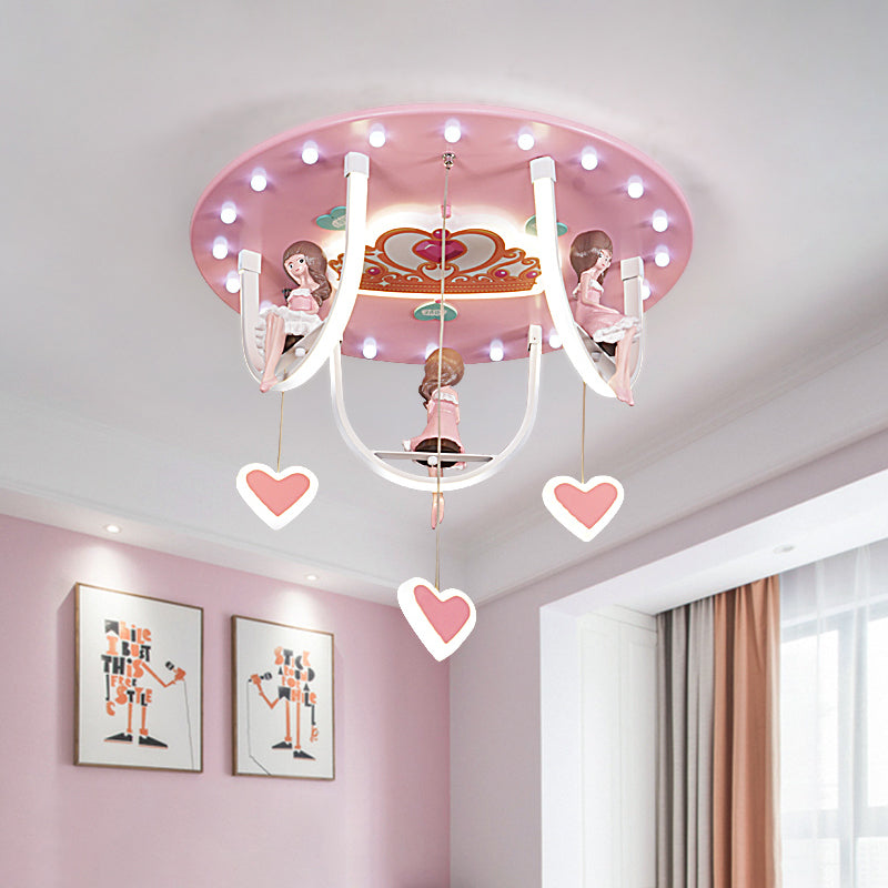 Cartoon Girl and Swing Flush Lamp Resin Kids Room LED Lighting Fixture with Loving Heart Detail in Pink Pink Clearhalo 'Ceiling Lights' 'Close To Ceiling Lights' 'Close to ceiling' 'Flush mount' Lighting' 1194645