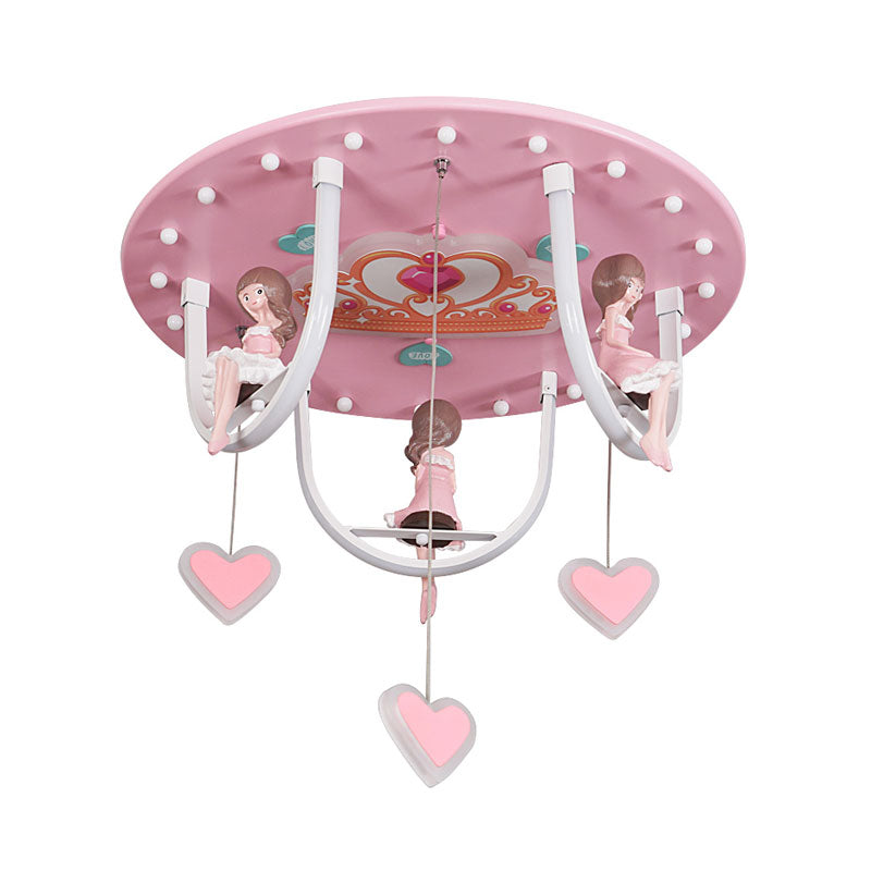 Cartoon Girl and Swing Flush Lamp Resin Kids Room LED Lighting Fixture with Loving Heart Detail in Pink Clearhalo 'Ceiling Lights' 'Close To Ceiling Lights' 'Close to ceiling' 'Flush mount' Lighting' 1194646