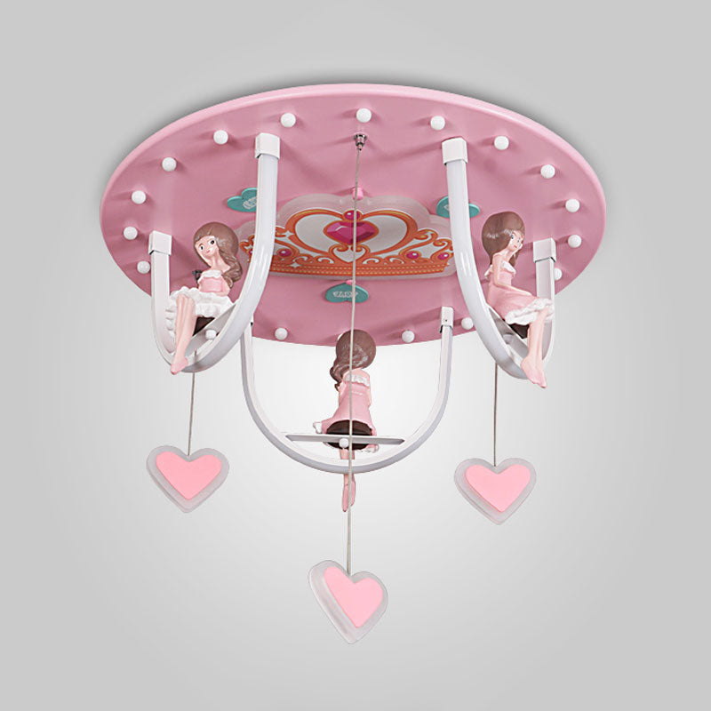 Cartoon Girl and Swing Flush Lamp Resin Kids Room LED Lighting Fixture with Loving Heart Detail in Pink Clearhalo 'Ceiling Lights' 'Close To Ceiling Lights' 'Close to ceiling' 'Flush mount' Lighting' 1194647