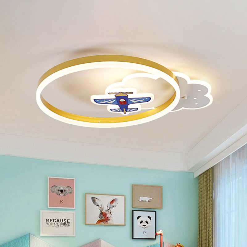 Gold Ring and Cloud Flush Lamp Fixture Nordic Style LED Metal Flush Lighting with Aircraft Decor Clearhalo 'Ceiling Lights' 'Close To Ceiling Lights' 'Close to ceiling' 'Flush mount' Lighting' 1194650