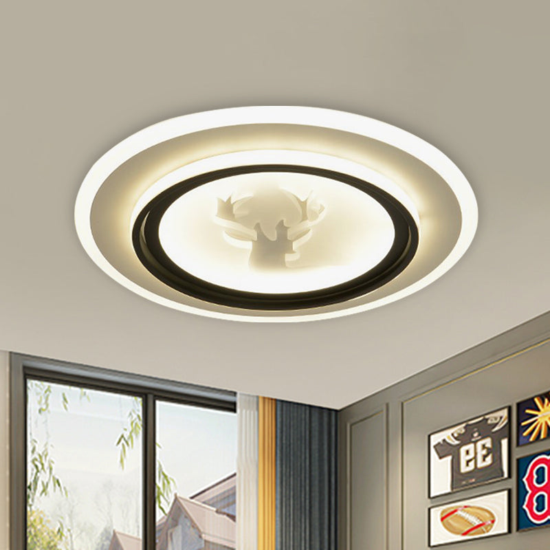 Black and White Round Flush Light Fixture Cartoon LED Acrylic Flush Mount Lamp with Airplane/Deer Pattern Black-White Deer Clearhalo 'Ceiling Lights' 'Close To Ceiling Lights' 'Close to ceiling' 'Flush mount' Lighting' 1194687