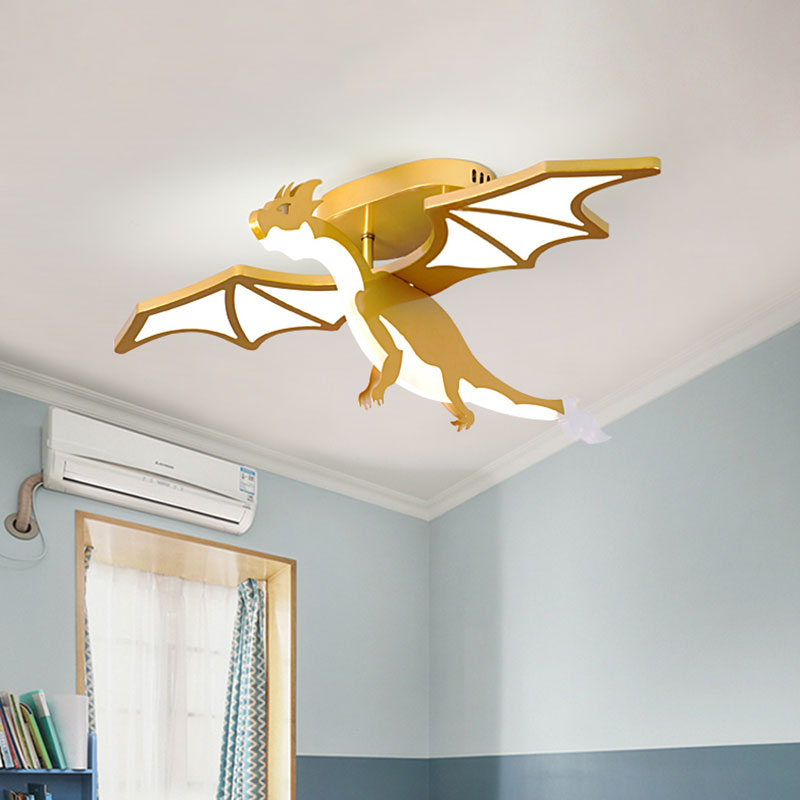 Cartoon Pterosaur Shape Flush Lighting Metal Kids Bedroom LED Semi Flush Lamp in Gold Gold Clearhalo 'Ceiling Lights' 'Close To Ceiling Lights' 'Close to ceiling' 'Semi-flushmount' Lighting' 1194709