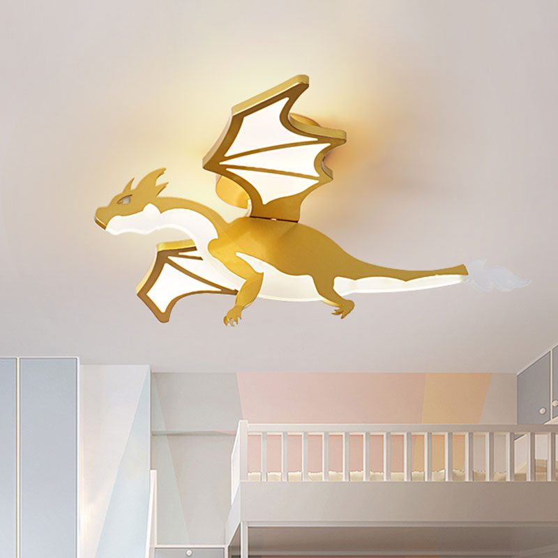 Cartoon Pterosaur Shape Flush Lighting Metal Kids Bedroom LED Semi Flush Lamp in Gold Clearhalo 'Ceiling Lights' 'Close To Ceiling Lights' 'Close to ceiling' 'Semi-flushmount' Lighting' 1194710