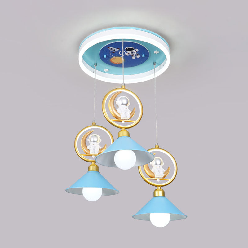 Conic Shade Multi Ceiling Light Cartoon Metal 3 Bulbs Blue Pendant Lamp Fixture with Moon and Astronaut Deco Clearhalo 'Ceiling Lights' 'Pendant Lights' 'Pendants' Lighting' 1194715