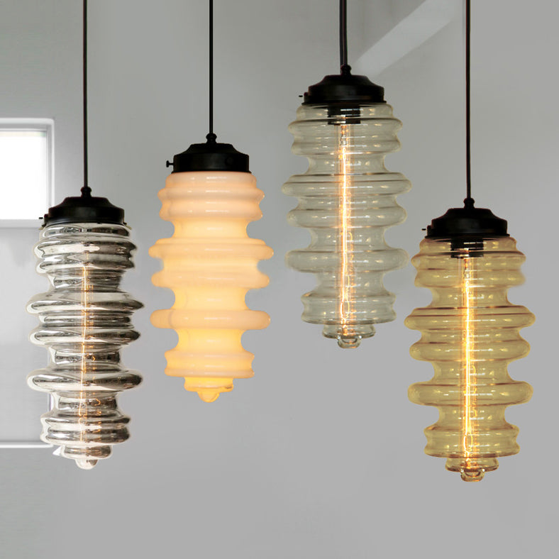 Contemporary 1 Light Pendant Light with White/Amber/Smoke Glass Shade Black Ribbed Hanging Ceiling Lamp Clearhalo 'Ceiling Lights' 'Glass shade' 'Glass' 'Modern Pendants' 'Modern' 'Pendant Lights' 'Pendants' Lighting' 119487