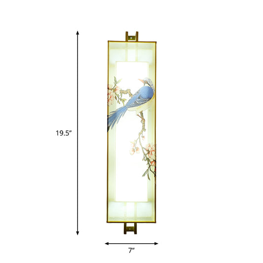 Gold Rectangle Bird and Branch Mural Lamp Chinese Style LED Fabric Wall Mounted Lighting Clearhalo 'Wall Lamps & Sconces' 'Wall Lights' Lighting' 1194886