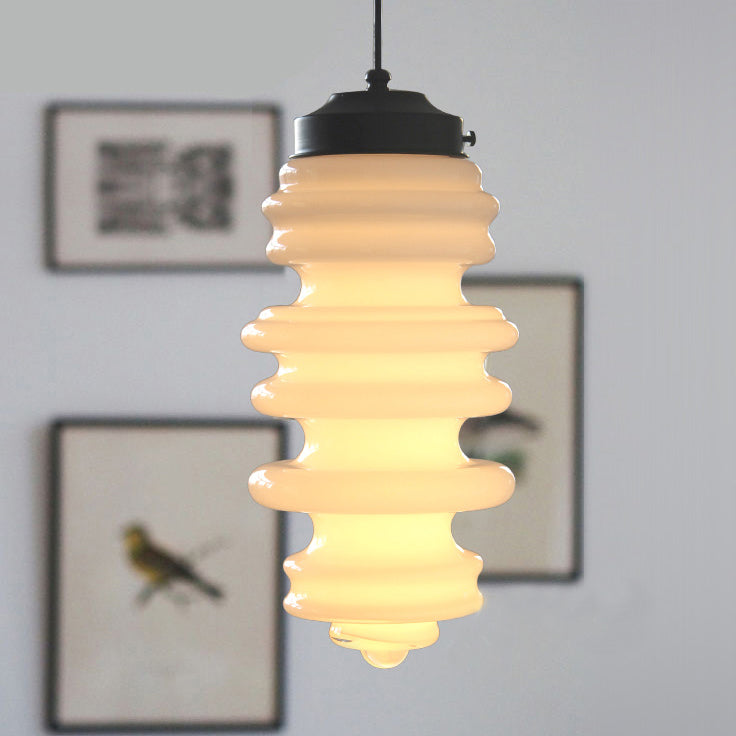 Contemporary 1 Light Pendant Light with White/Amber/Smoke Glass Shade Black Ribbed Hanging Ceiling Lamp Clearhalo 'Ceiling Lights' 'Glass shade' 'Glass' 'Modern Pendants' 'Modern' 'Pendant Lights' 'Pendants' Lighting' 119489