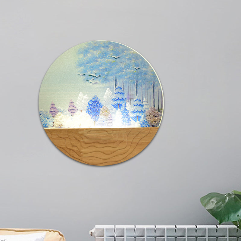 Acrylic Circular Shaped Wall Mounted Light Minimalist Style LED Wall Mural Lamp in Wood with Tree/Elk Pattern Clearhalo 'Wall Lamps & Sconces' 'Wall Lights' Lighting' 1194993