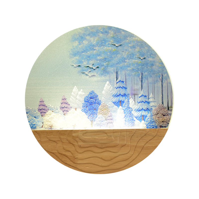 Acrylic Circular Shaped Wall Mounted Light Minimalist Style LED Wall Mural Lamp in Wood with Tree/Elk Pattern Clearhalo 'Wall Lamps & Sconces' 'Wall Lights' Lighting' 1194994