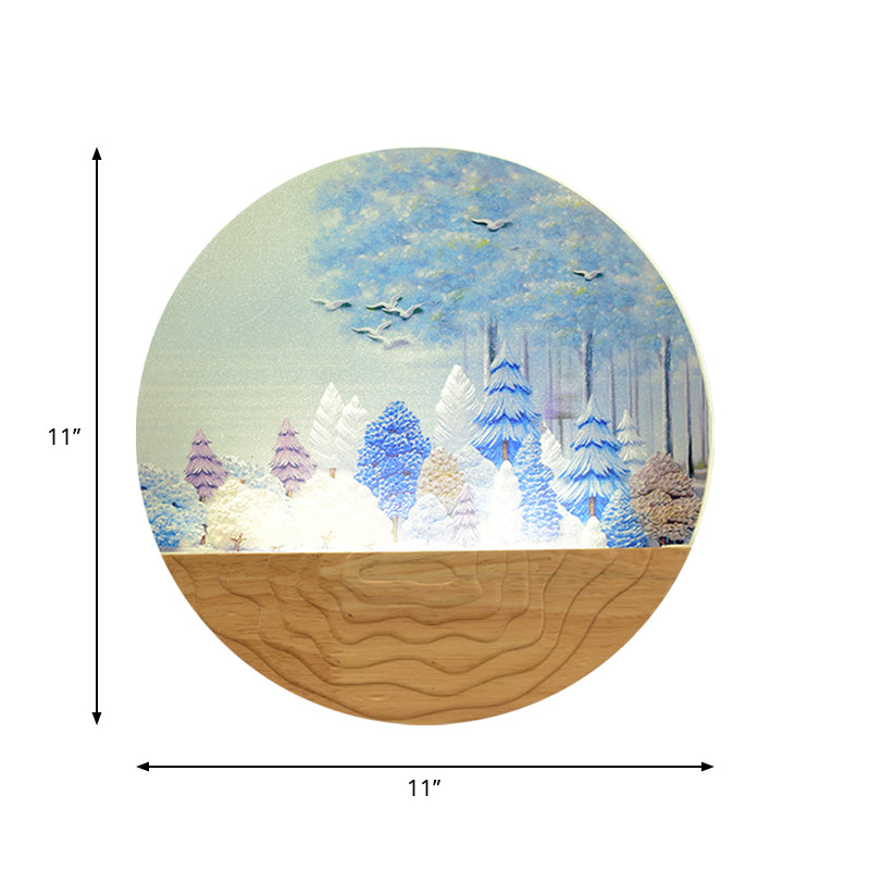 Acrylic Circular Shaped Wall Mounted Light Minimalist Style LED Wall Mural Lamp in Wood with Tree/Elk Pattern Clearhalo 'Wall Lamps & Sconces' 'Wall Lights' Lighting' 1194995