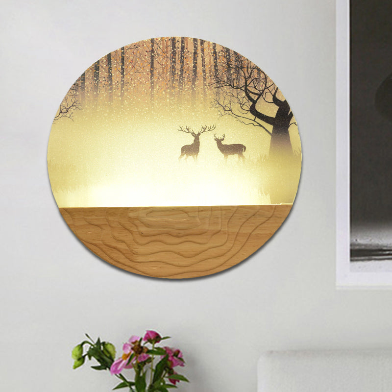 Acrylic Circular Shaped Wall Mounted Light Minimalist Style LED Wall Mural Lamp in Wood with Tree/Elk Pattern Wood Elk Clearhalo 'Wall Lamps & Sconces' 'Wall Lights' Lighting' 1194996