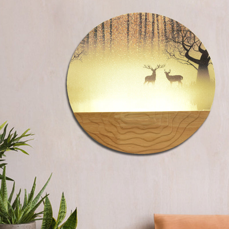 Acrylic Circular Shaped Wall Mounted Light Minimalist Style LED Wall Mural Lamp in Wood with Tree/Elk Pattern Clearhalo 'Wall Lamps & Sconces' 'Wall Lights' Lighting' 1194997