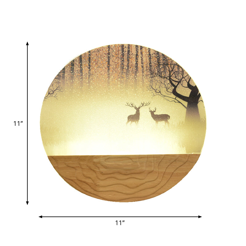 Acrylic Circular Shaped Wall Mounted Light Minimalist Style LED Wall Mural Lamp in Wood with Tree/Elk Pattern Clearhalo 'Wall Lamps & Sconces' 'Wall Lights' Lighting' 1195000