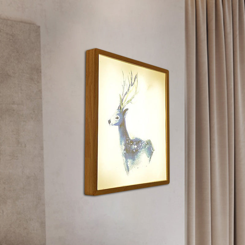 12"/16" Width Square Metallic Mural Lamp Minimalist LED Wood Wall Mounted Lighting with Deer Pattern Clearhalo 'Wall Lamps & Sconces' 'Wall Lights' Lighting' 1195028