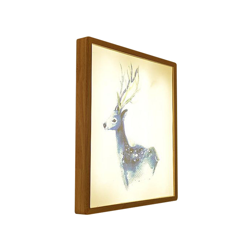 12"/16" Width Square Metallic Mural Lamp Minimalist LED Wood Wall Mounted Lighting with Deer Pattern Clearhalo 'Wall Lamps & Sconces' 'Wall Lights' Lighting' 1195029