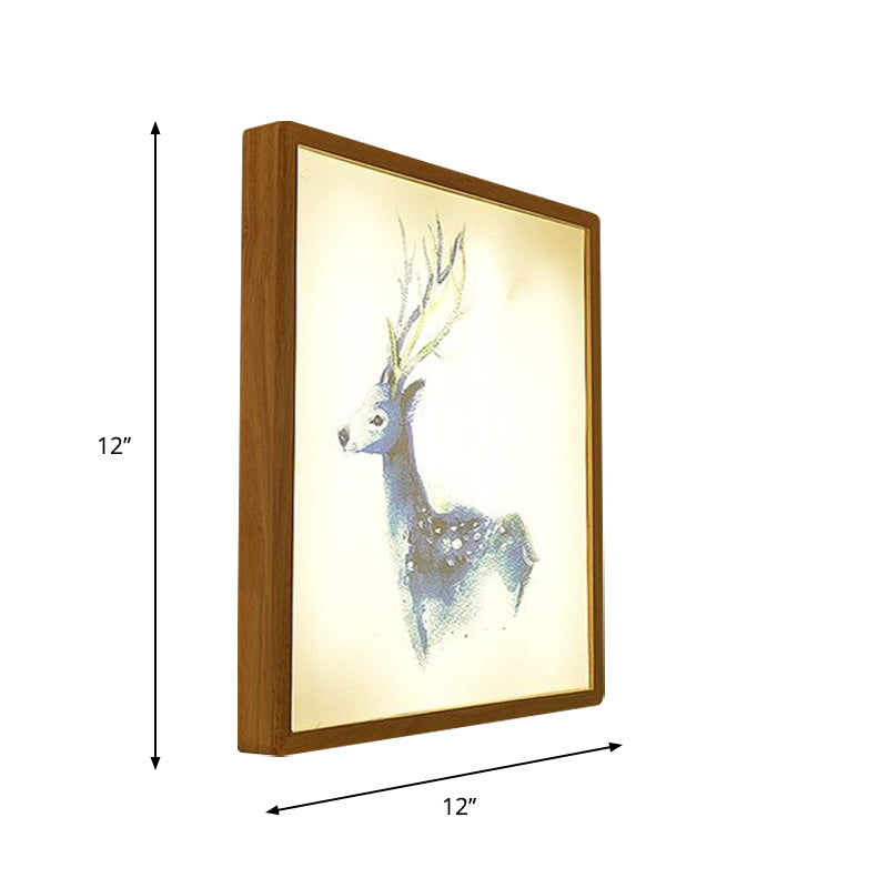 12"/16" Width Square Metallic Mural Lamp Minimalist LED Wood Wall Mounted Lighting with Deer Pattern Clearhalo 'Wall Lamps & Sconces' 'Wall Lights' Lighting' 1195030