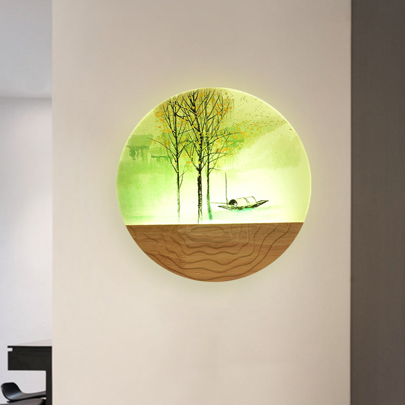 9.5"/11" Wide Metal Round Wall Mural Light Asia Style LED Wood Wall Mounted Lighting with Boat and Tree Pattern Wood 9.5" Clearhalo 'Wall Lamps & Sconces' 'Wall Lights' Lighting' 1195052