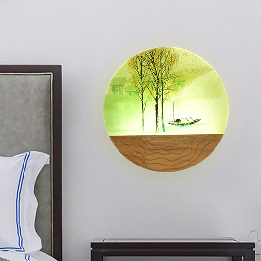 9.5"/11" Wide Metal Round Wall Mural Light Asia Style LED Wood Wall Mounted Lighting with Boat and Tree Pattern Clearhalo 'Wall Lamps & Sconces' 'Wall Lights' Lighting' 1195053